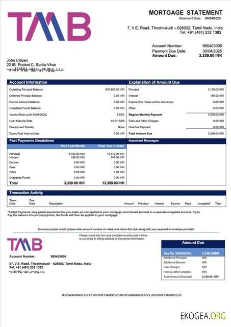 Modèle Word et PDF de relevé hypothécaire de la Tamilnad Mercantile Bank de l'Inde